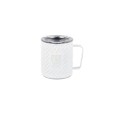 Full front product shot of the Topo Designs x Miir Camp Mug in white showing Topo Designs logo design