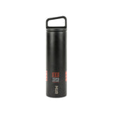 Full product shot of the Topo Designs x Miir Water Bottle in black showing size and Topo Designs design from the back