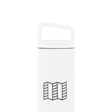 Full product shot of the Topo Designs x Miir Water Bottle in white showing size and lid fitting