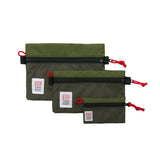 Topo Designs Accessory Bags- product shot of the medium, small, and micro accessory bags in olive green