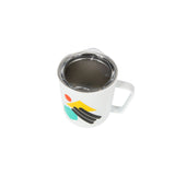 Full top product shot of the Topo Designs x Miir Camp Mug in white showing lid fitting