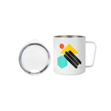 Full top product shot of the Topo Designs x Miir Camp Mug in white showing lid fitting and geometric pattern