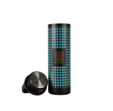 Full product shot of the Topo Designs x Miir Water Bottle in black showing size and Topo Designs grid pattern from the front with lid off