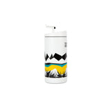 Full product shot of the Topo Designs x Miir Travel Tumbler showing desert design from the side with open mouth piece