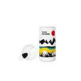 Full product shot of the Topo Designs x Miir Travel Tumbler showing desert design from the front as well as lid top