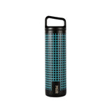 Full product shot of the Topo Designs x Miir Water Bottle in black showing size and Topo Designs grid pattern from the back